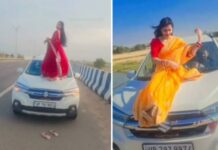 बोनट पर बैठकर रील बनाना पड़ा भारी, महिला पर हुई करवाई।