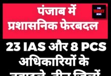 पंजाब में प्रशासनिक फेरबदल 23 IAS और 8 PCS अधिकारियों के तबादले, तीन जिलों में नए DC तैनात।