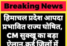 हिमाचल प्रदेश आपदा प्रभावित राज्य घोषित: CM सुक्खू का बड़ा ऐलान,कई जिलों में रेड अलर्ट।