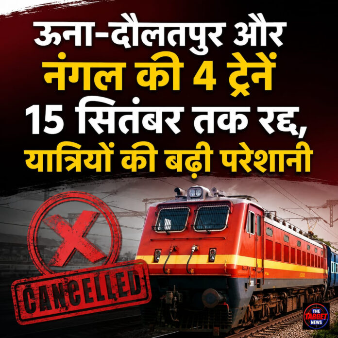 ऊना-दौलतपुर और नंगल की 4 ट्रेनें 15 सितंबर तक रद्द, यात्रियों की बढ़ी परेशानी ऊना-दौलतपुर और नंगल की 4 ट्रेनें 15 सितंबर तक रद्द, यात्रियों की बढ़ी परेशानी