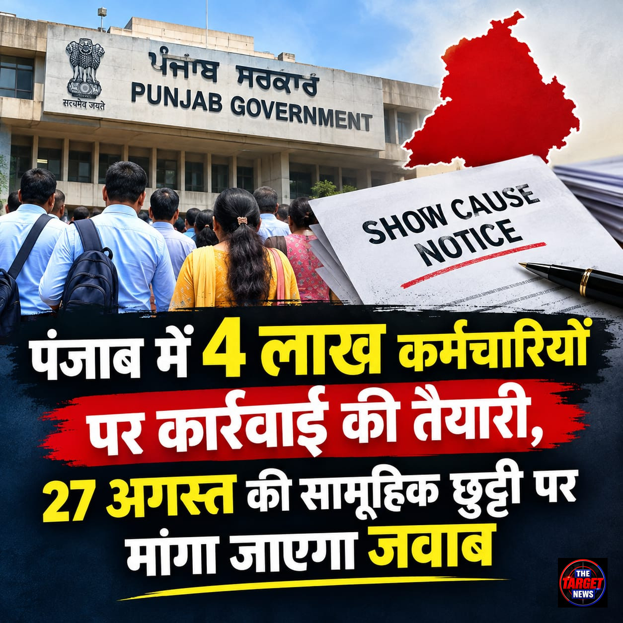 पंजाब में 4 लाख कर्मचारियों पर कार्रवाई की तैयारी, 27 अगस्त की सामूहिक छुट्टी पर मांगा जाएगा जवाब पंजाब में 4 लाख कर्मचारियों पर कार्रवाई की तैयारी, 27 अगस्त की सामूहिक छुट्टी पर मांगा जाएगा जवाब