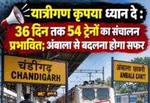 यात्रीगण कृपया ध्यान दे : 36 दिन तक 54 ट्रेनों का संचालन प्रभावित; अंबाला से बदलना होगा सफर यात्रीगण कृपया ध्यान दे : 36 दिन तक 54 ट्रेनों का संचालन प्रभावित; अंबाला से बदलना होगा सफर